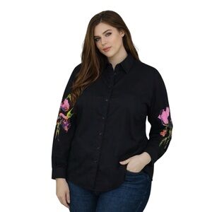 Ravel Black Long Sleeve Button Down Shirt Hand Painted Flowers On Sleeves XL